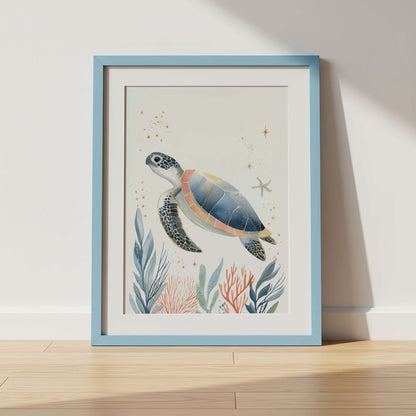 The Turtle unframed sea turtle print shown in a frame — nursery wall art by Sarah Gallagher Design