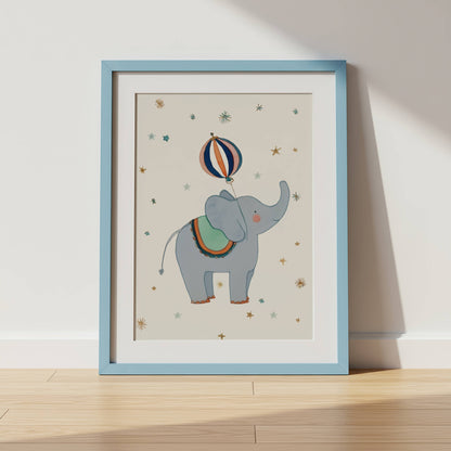 Blue Circus Nursery Wall Art — individual framed circus print in blue and cream palette — Sarah Gallagher Design