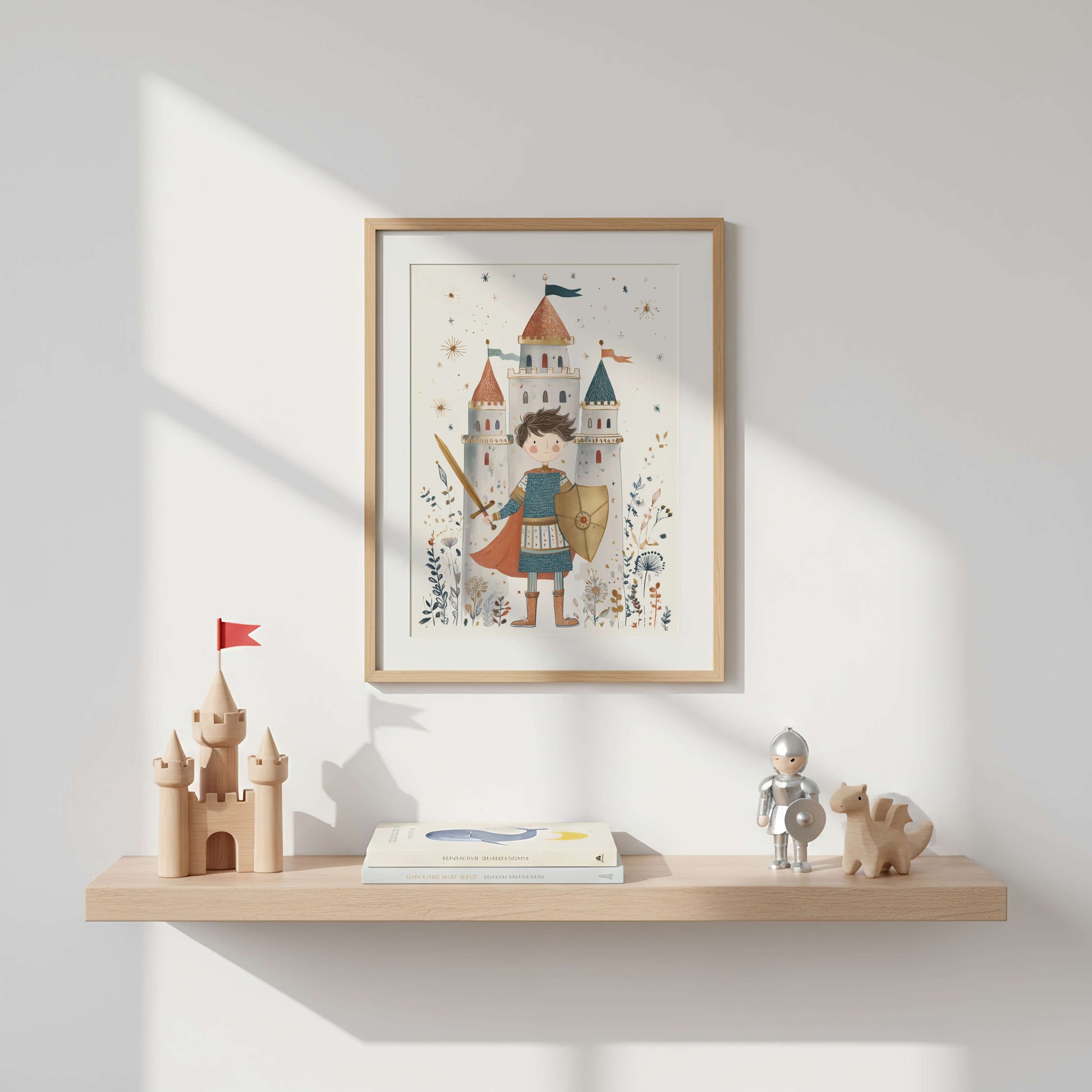 Dragon and Knight Wall Art — personalised knight and castle print framed on a nursery wall above a children's bookshelf with toys