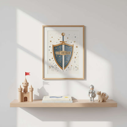 Personalised knight shield print with name 'Sir Arthur' — from the Dragon and Knight Wall Art Set by Sarah Gallagher Design