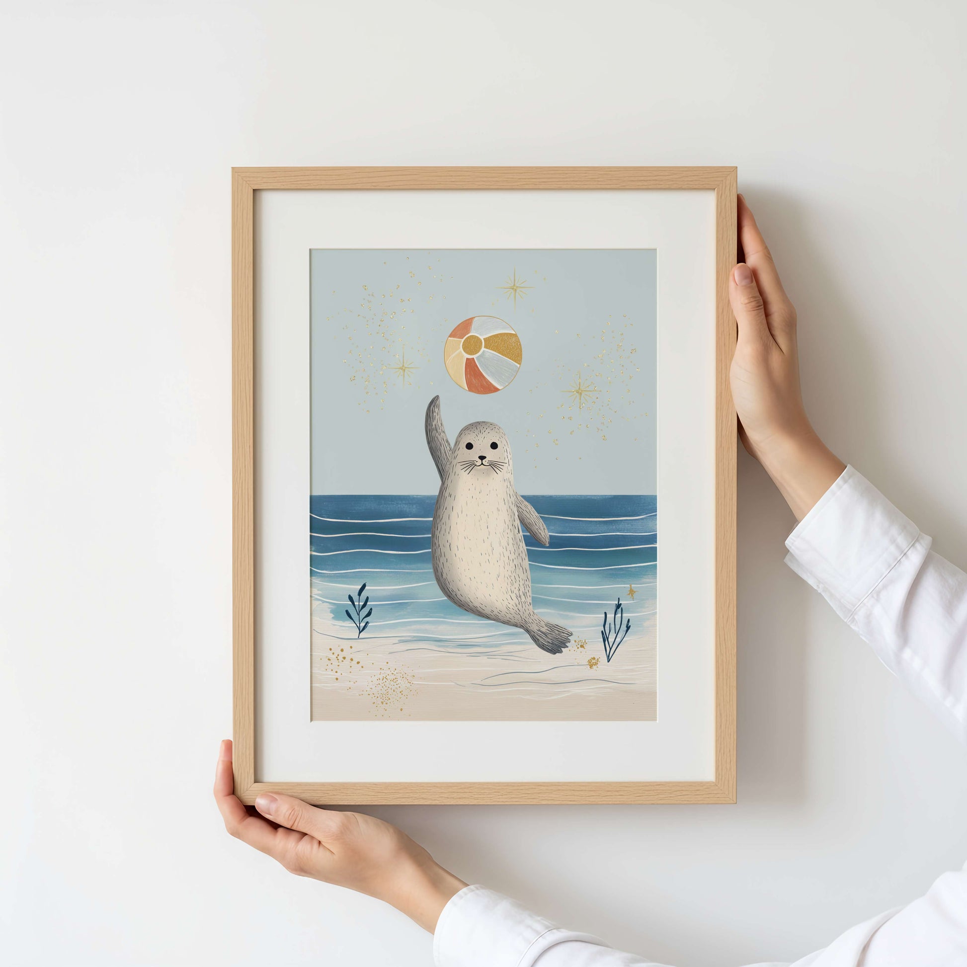 Watercolour seal print as part of a playroom gallery wall — Sarah Gallagher Design under the sea collection