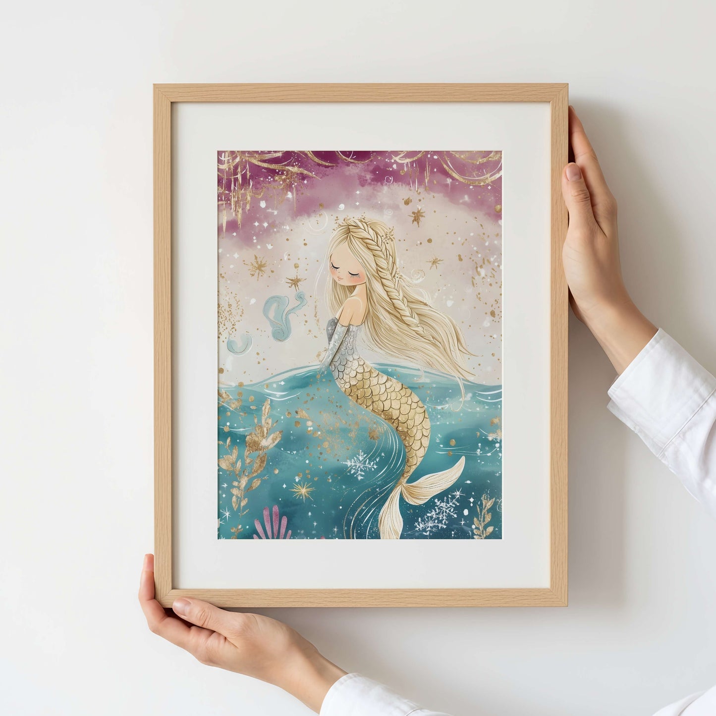 Close-up of Dreamy Mermaid Wall Art Print — shimmering ocean tones and illustrated mermaid design by Sarah Gallagher Design