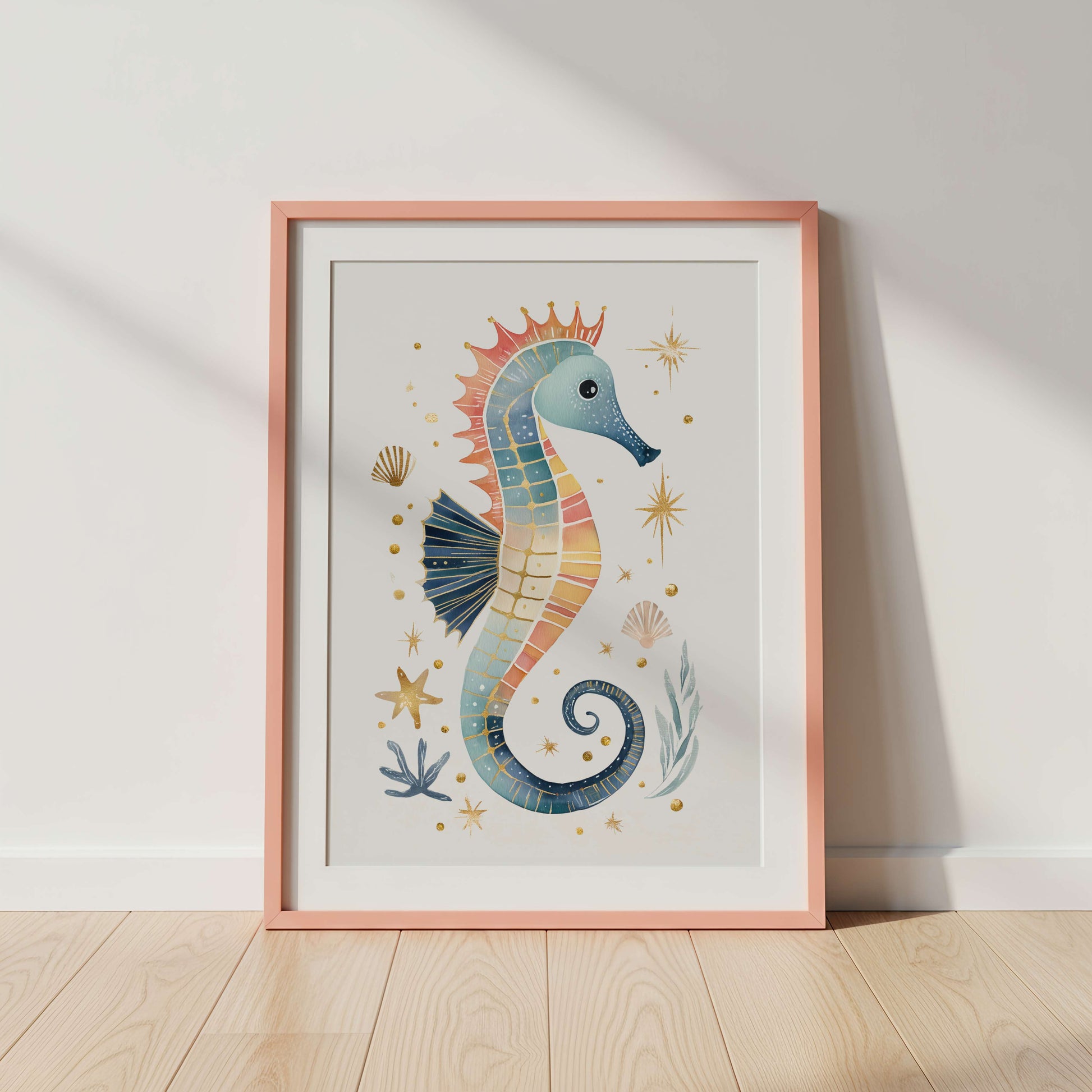 The Seahorse watercolour seahorse art print in a wooden frame — coastal nursery decor by Sarah Gallagher Design