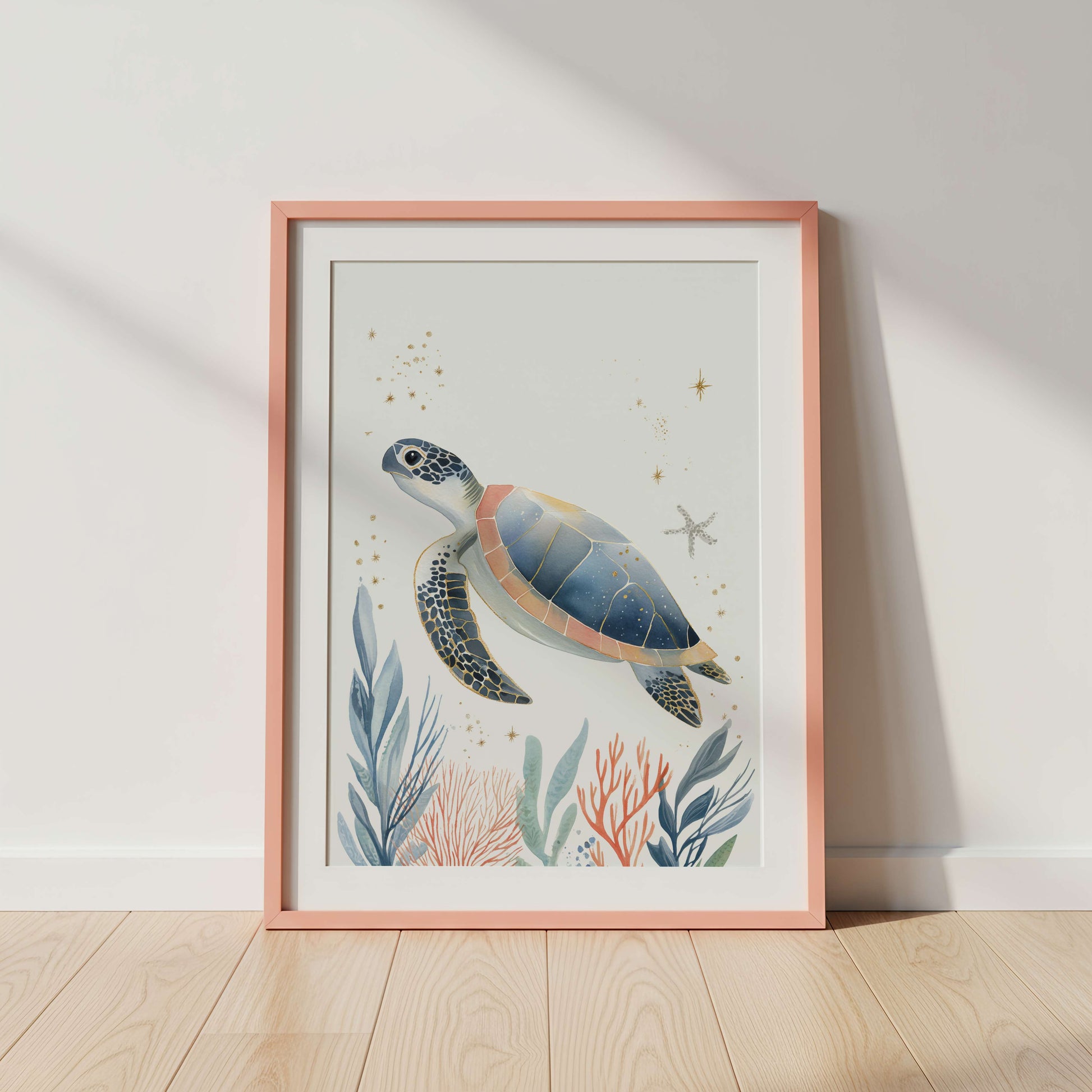 The Turtle sea turtle art print displayed in a white frame — ocean nursery wall art by Sarah Gallagher Design