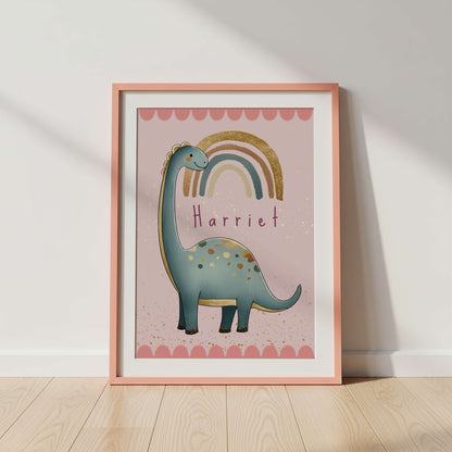 Personalised Pink Diplodocus Dinosaur Print | Unframed