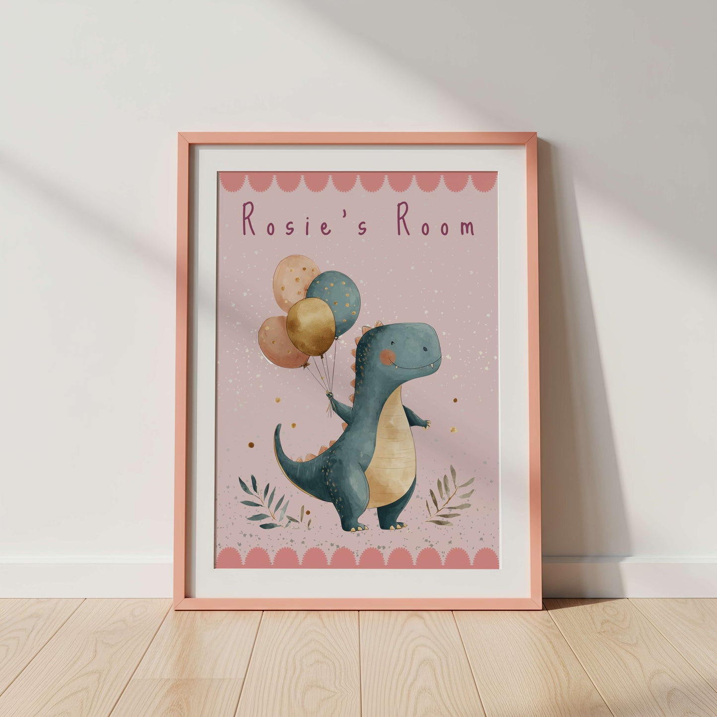 Personalised Pink T-Rex Dinosaur Print | Unframed
