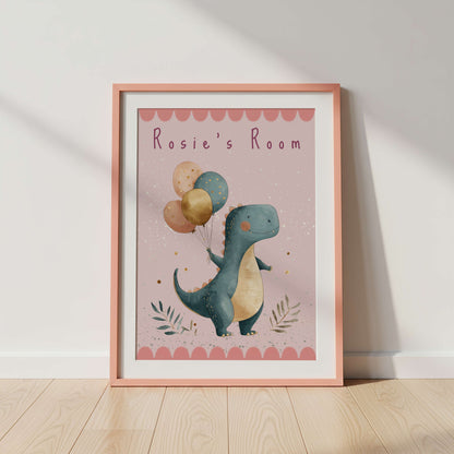 Personalised Pink T-Rex Dinosaur Print | Unframed