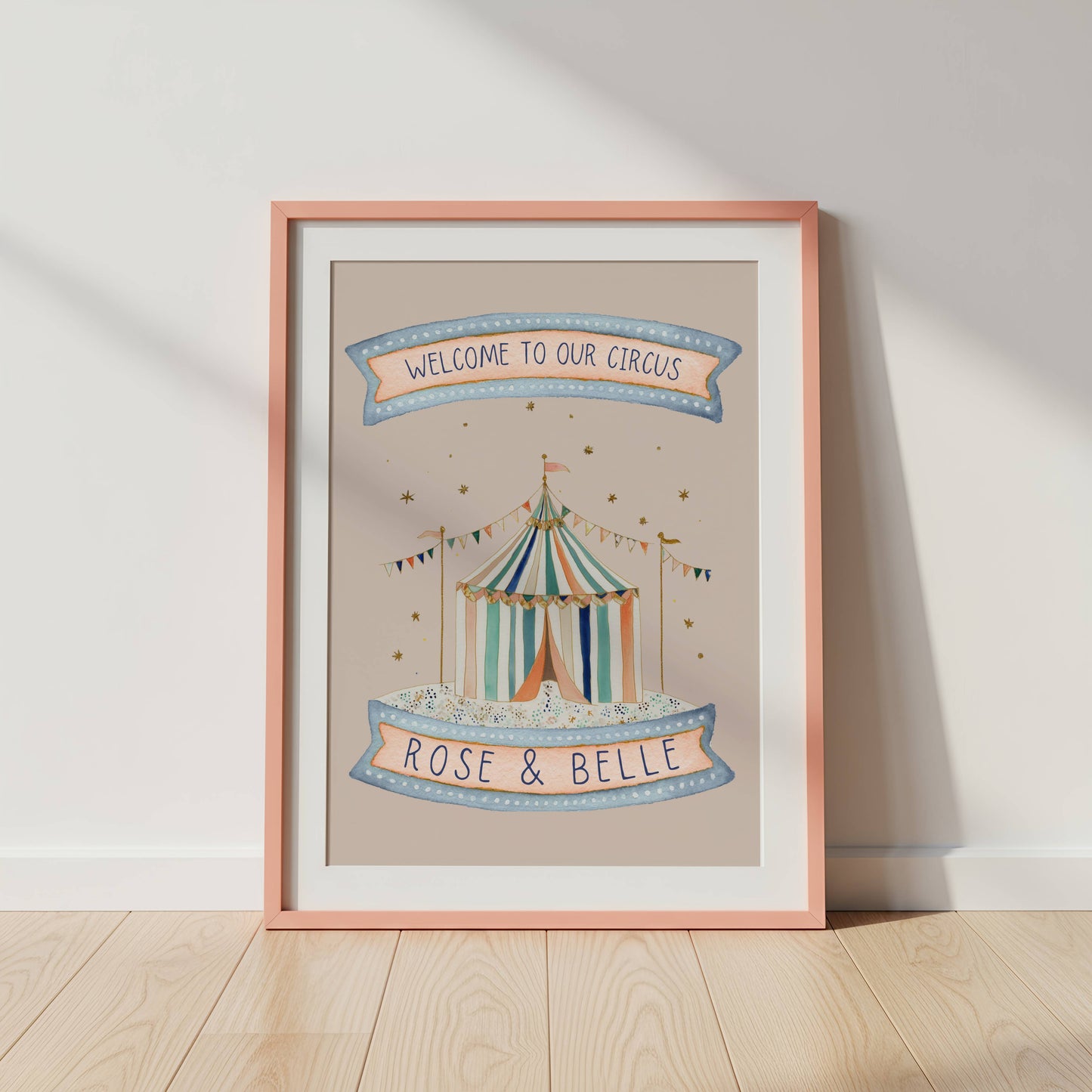 Personalised Sibling Pink Circus Wall Art Set of 3 | Unframed