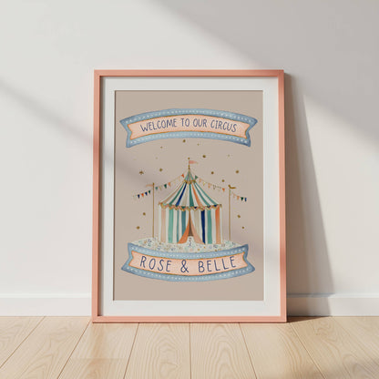Personalised Sibling Pink Circus Wall Art Set of 3 | Unframed