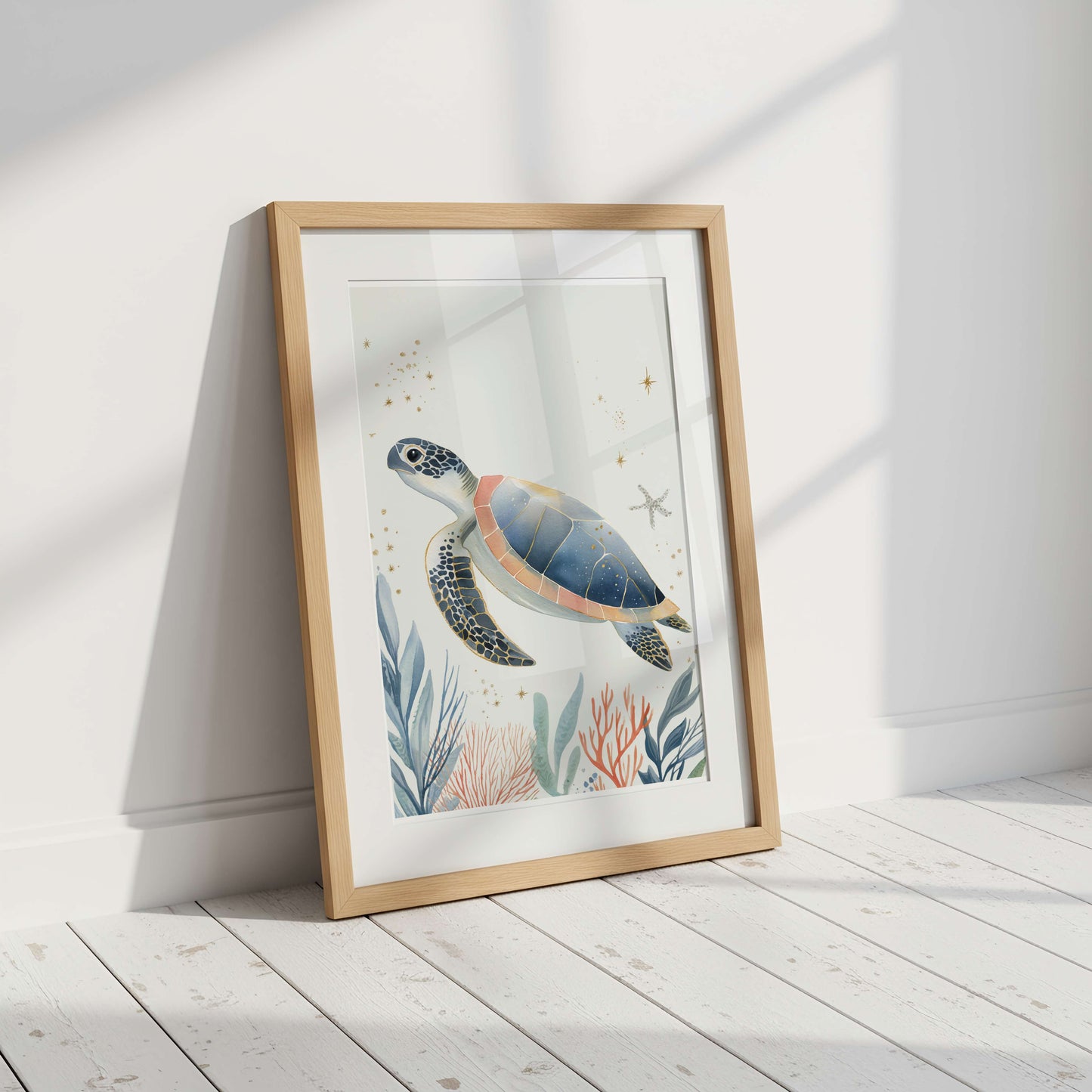 The Turtle ocean print styled in a children's room — sea turtle wall art by Sarah Gallagher Design
