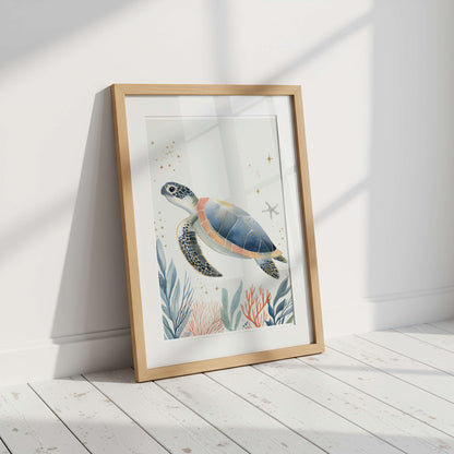 The Turtle ocean print styled in a children's room — sea turtle wall art by Sarah Gallagher Design