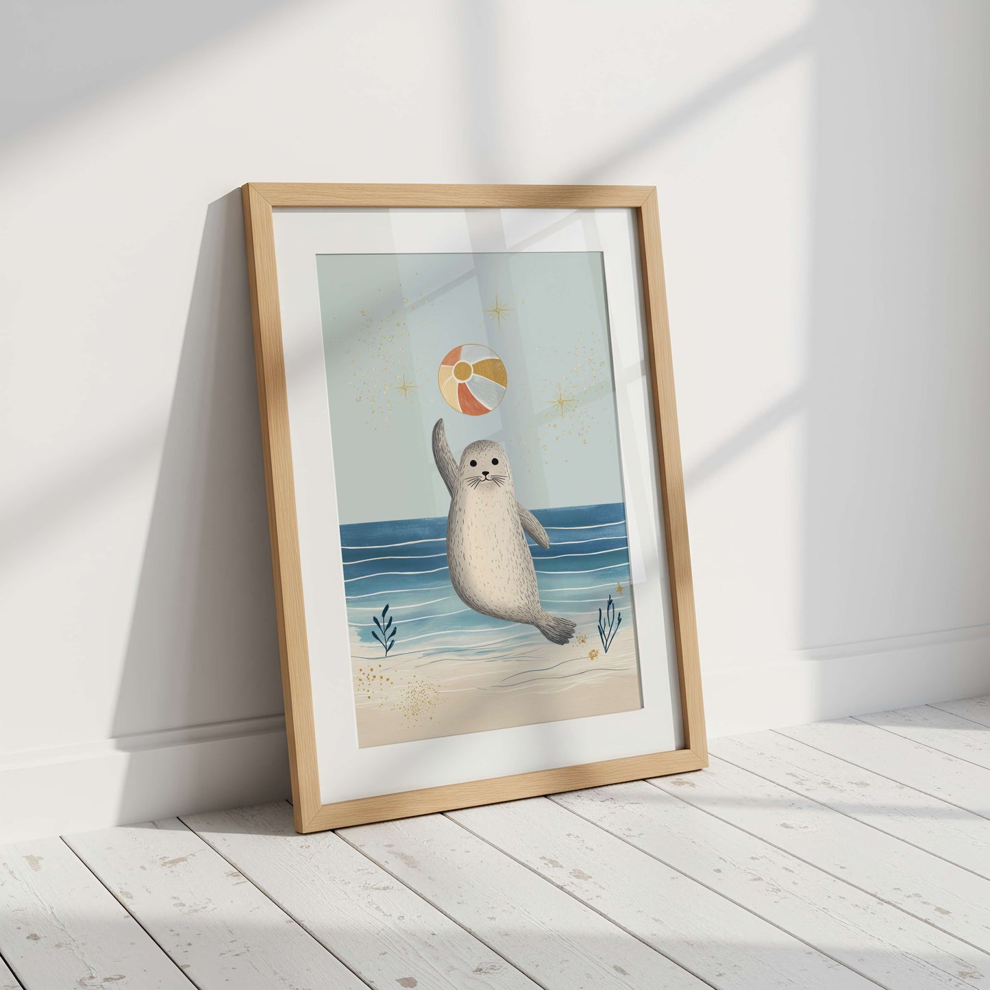 The Seal print styled in a coastal nursery — under the sea collection wall art, unframed