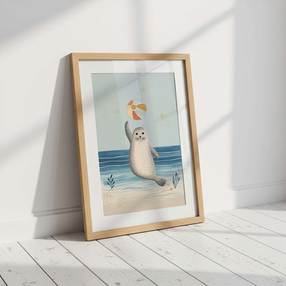 The Seal print styled in a coastal nursery — under the sea collection wall art, unframed