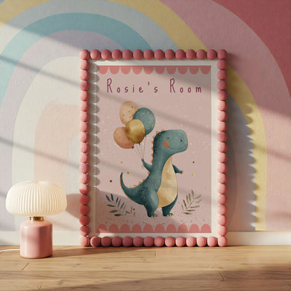 Personalised Pink T-Rex Dinosaur Print | Unframed