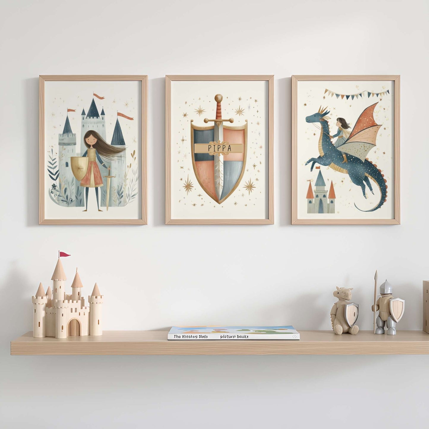 Personalised Dragon and Girl Knight Wall Art Set of 3 | Unframed
