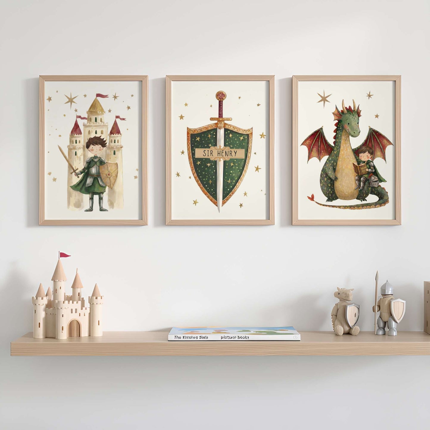 Personalised Dragon & Knight Nursery Print Set of 3 | Unframed