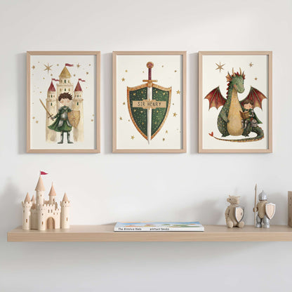 Personalised Dragon & Knight Nursery Print Set of 3 | Unframed