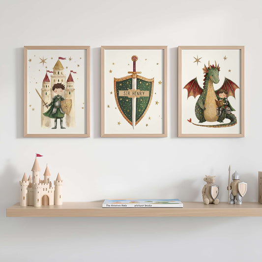 Personalised Dragon & Knight Nursery Print Set of 3 | Unframed
