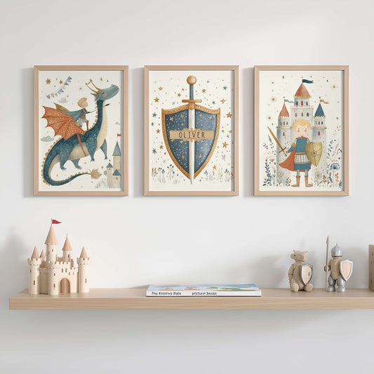 Personalised Dragon and Blonde Knight Wall Art Set of 3 | Unframed