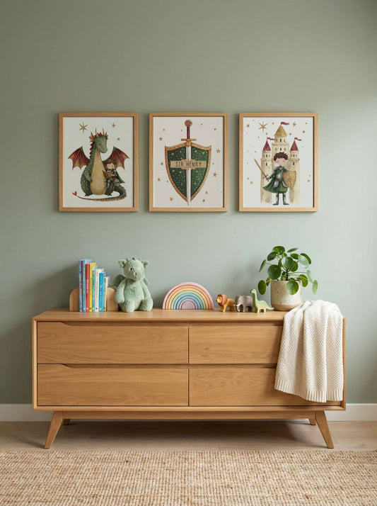 Personalised Dragon & Knight Nursery Print Set of 3 | Unframed