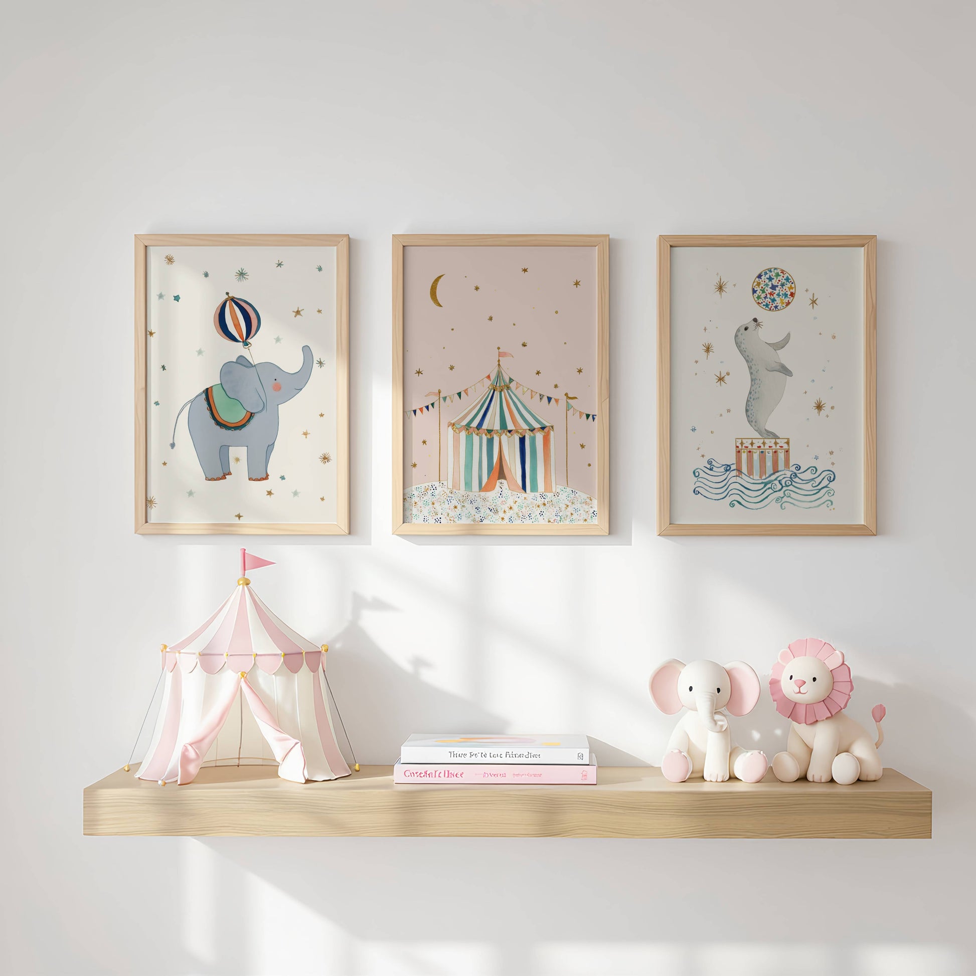 Three Pink Circus nursery prints framed in a girl's room — Vintage Circus Collection by Sarah Gallagher Design