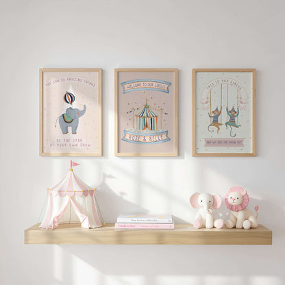 Personalised Pink Circus Tent Sibling Wall Art Print | Unframed