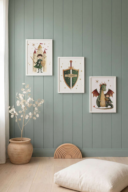 Personalised Dragon & Knight Nursery Print Set of 3 | Unframed