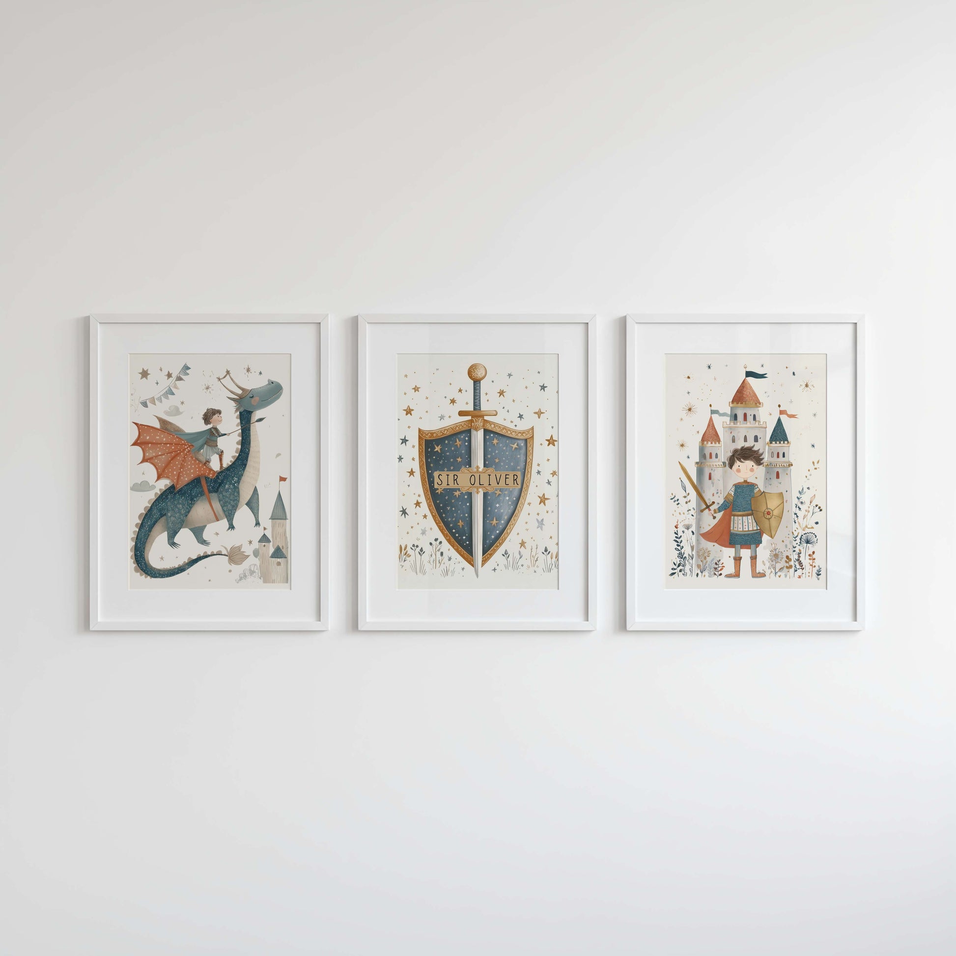 Personalised Dragon and Knight Wall Art Set of 3 — all three framed prints displayed on a white wall by Sarah Gallagher Design