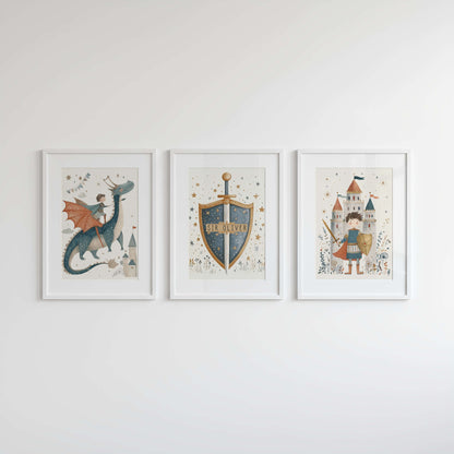 Personalised Dragon and Knight Wall Art Set of 3 — all three framed prints displayed on a white wall by Sarah Gallagher Design