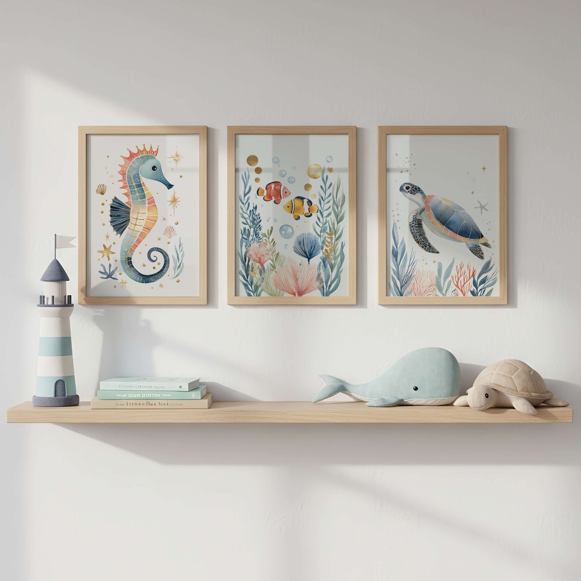 Under the Sea gallery wall featuring The Turtle and matching ocean prints — nursery wall art collection by Sarah Gallagher Design