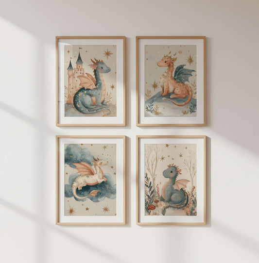 Baby Dragon Wall Art Set of 4 Prints | Unframed