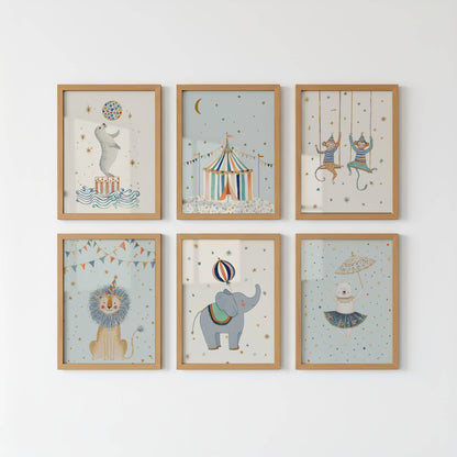 Blue Circus Nursery Wall Art Set of 6 shown in white frames on a plain white wall — Sarah Gallagher Design