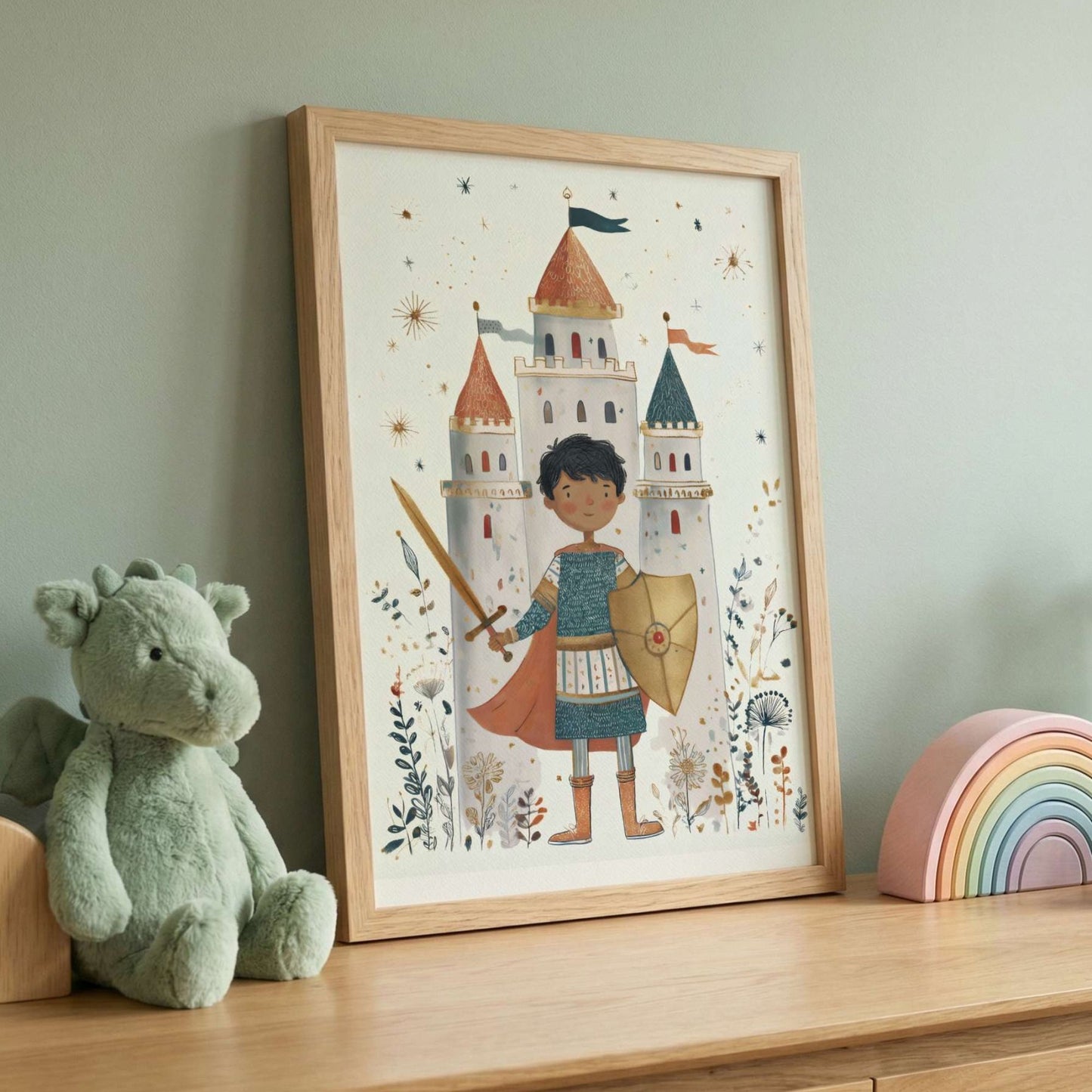 Framed personalised knight and castle print styled on a nursery shelf with wooden toys