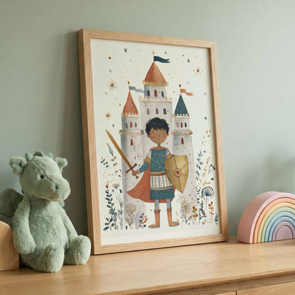 Framed personalised knight and castle print styled on a nursery shelf with wooden toys