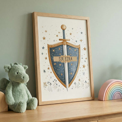 Framed personalised shield print with a child's name, styled in a nursery