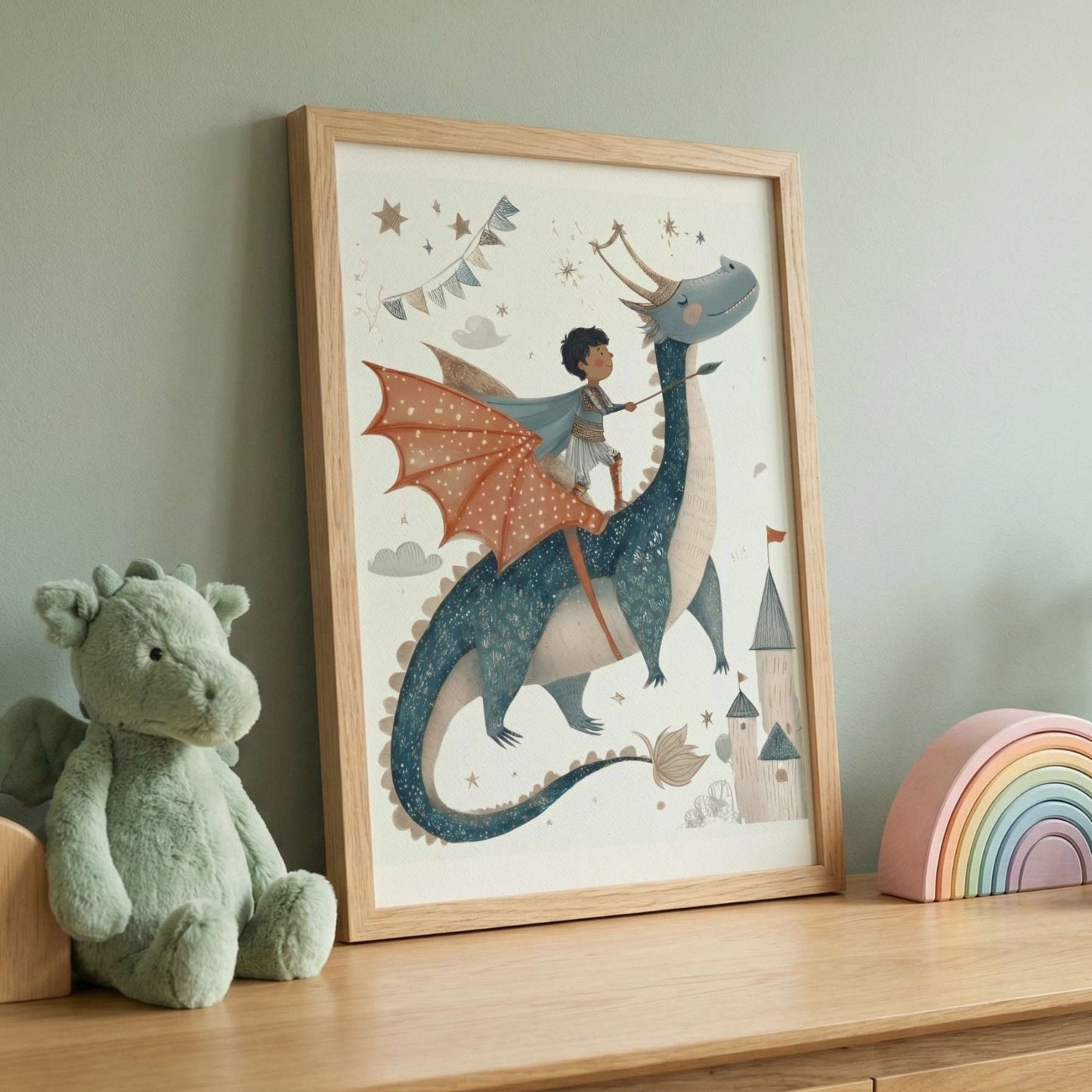 Framed dragon and knight print styled in a nursery, part of the set of three