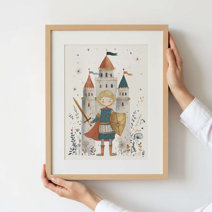 Personalised knight and castle print shown framed and held up against a wall