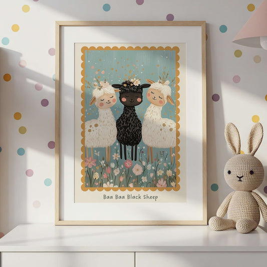 Framed illustration of baa baa black sheep