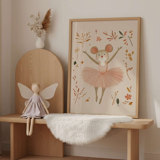 Wooden bench with a plush toy, framed artwork of a ballerina mouse, and a vase with dried flowers in a room.