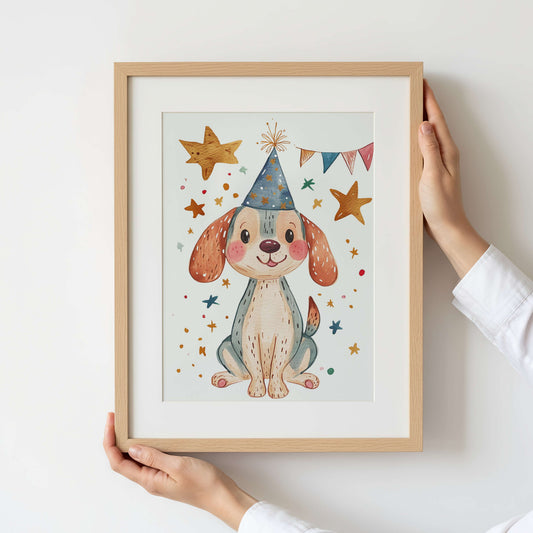 Framed illustration of a dog wearing a party hat with stars and flags on a white background