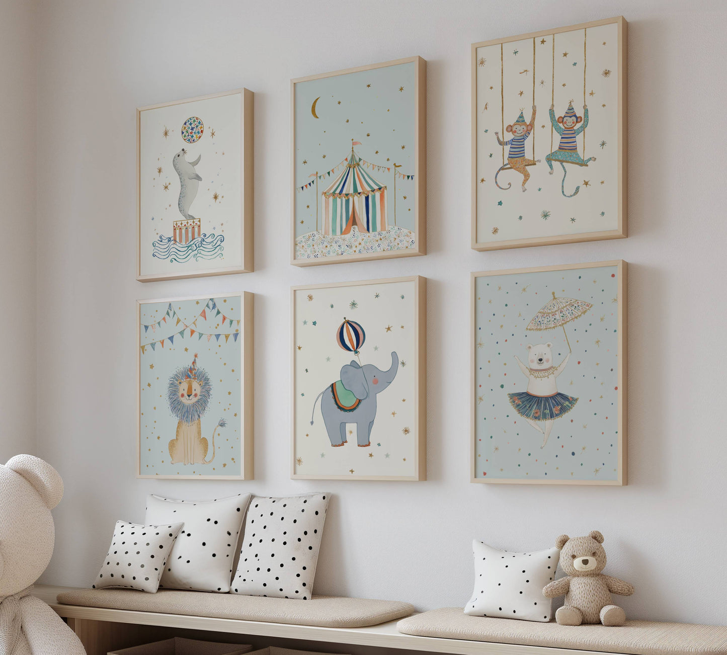 Blue Circus Nursery Wall Art Set of 6 styled in a children's room with storage and toys — Sarah Gallagher Design