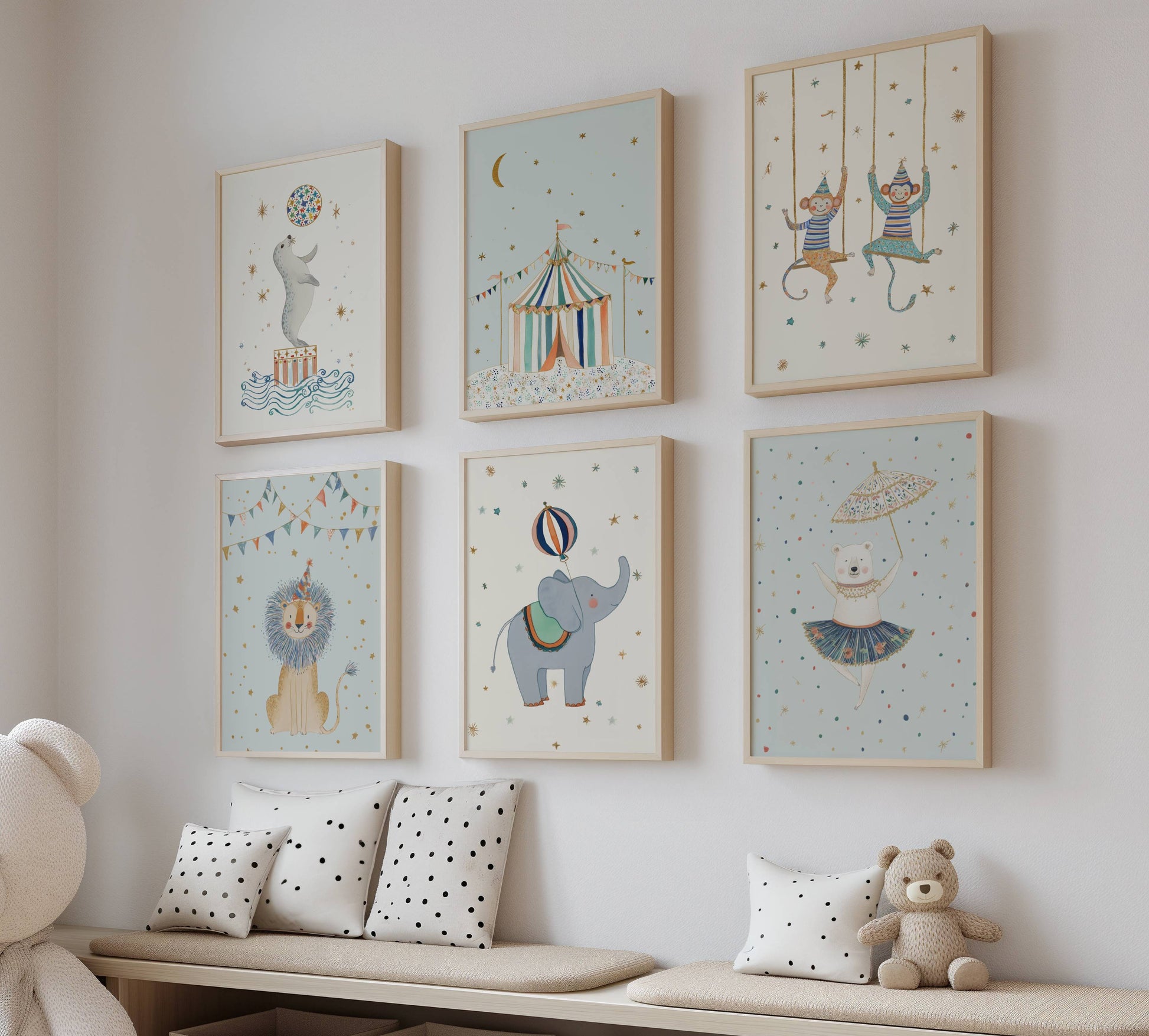 Blue Circus Nursery Wall Art Set of 6 styled in a children's room with storage and toys — Sarah Gallagher Design
