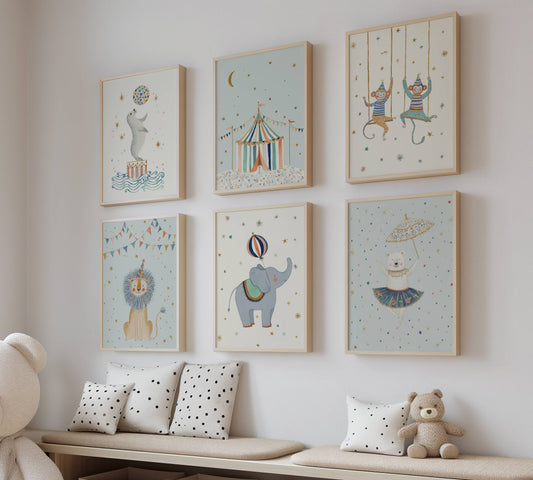 Children's room with circus themed wall art, storage bins, and toys