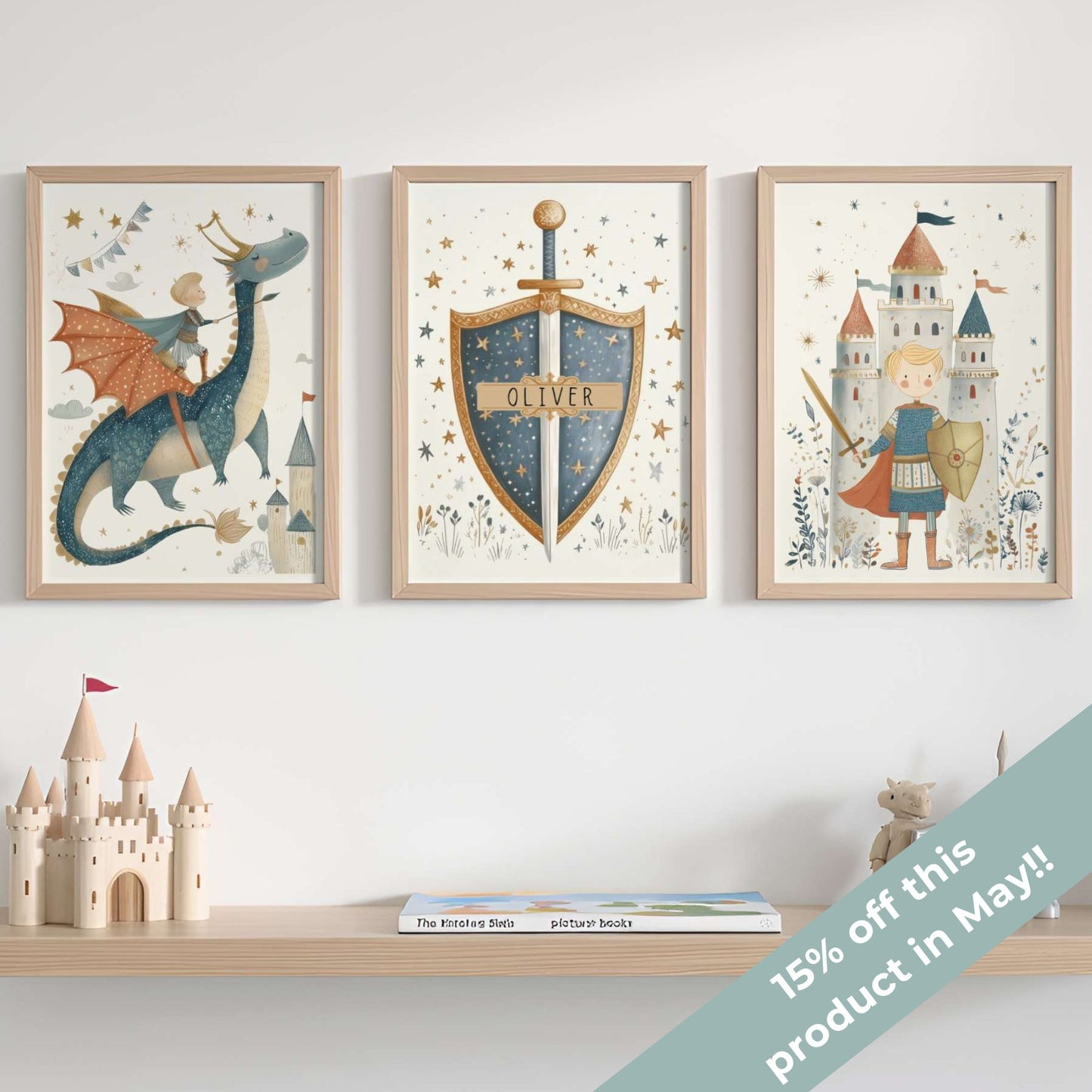 Personalised Dragon and Blonde Knight Wall Art Set of 3 | Unframed