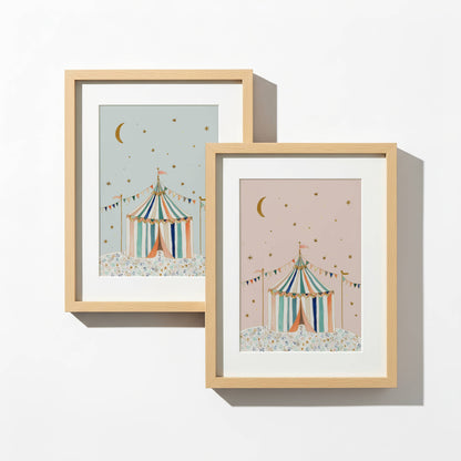 The Circus Tent nursery print — cream, light pink and light blue background colour options shown side by side