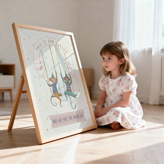 Child sitting on the floor next to a framed illustration of monkeys on swings.
