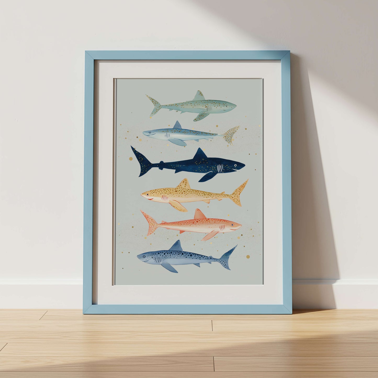 Framed artwork of six stylized sharks on a light background
