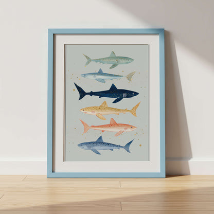 Framed artwork of six stylized sharks on a light background