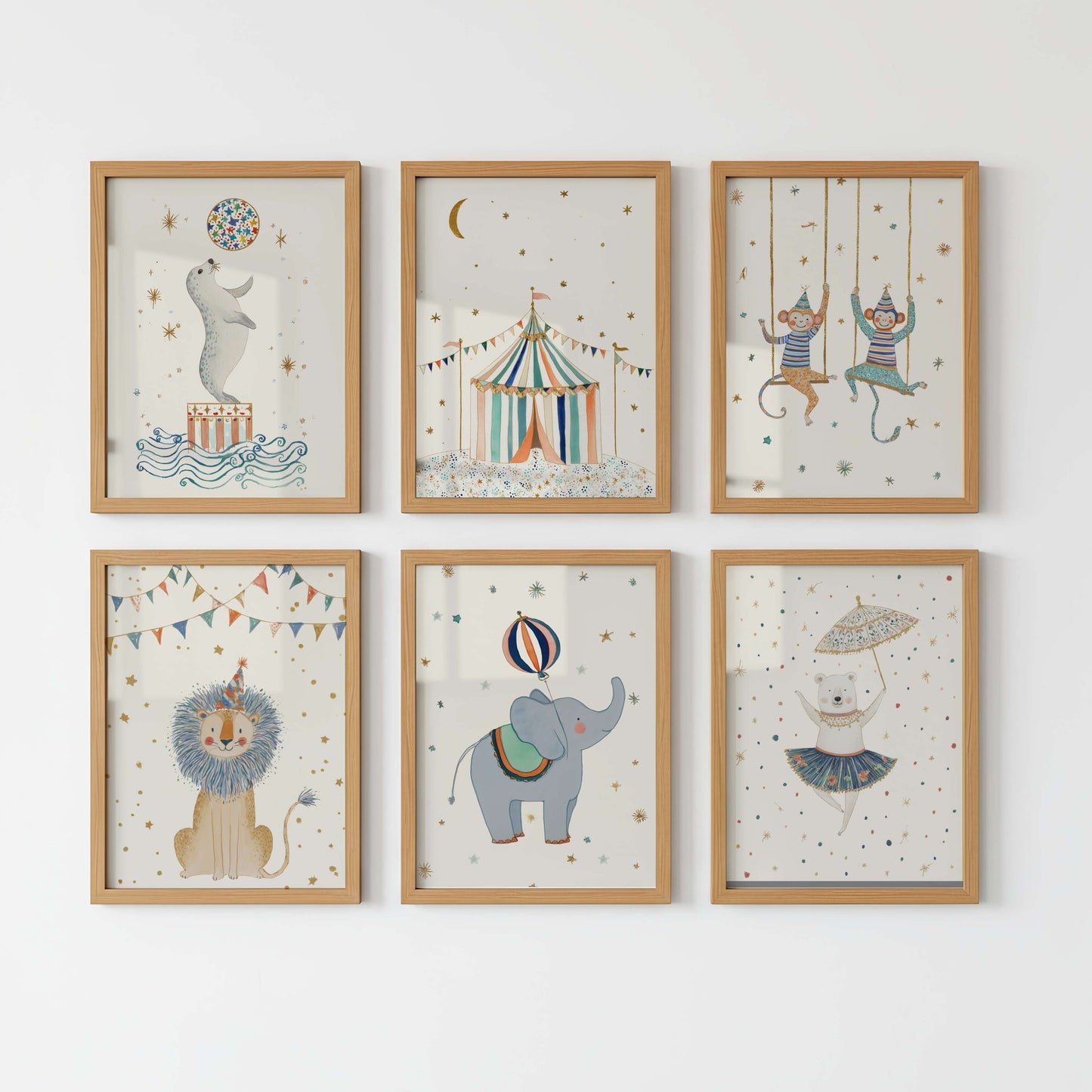 Set of six framed children's illustrations on a white wall
