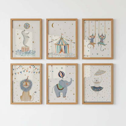 Set of six framed children's illustrations on a white wall